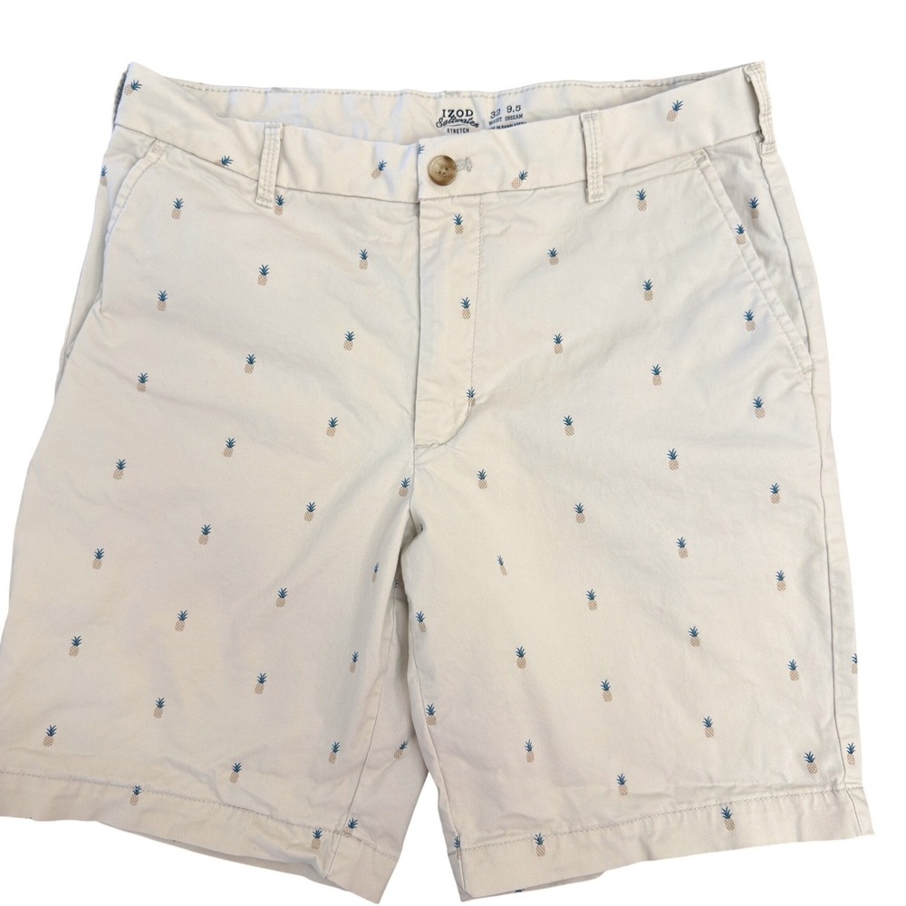 IZOD Saltwater Stretch Mens Pineapple Print Chino Shorts Cream 32 x 9.5 Inseam
